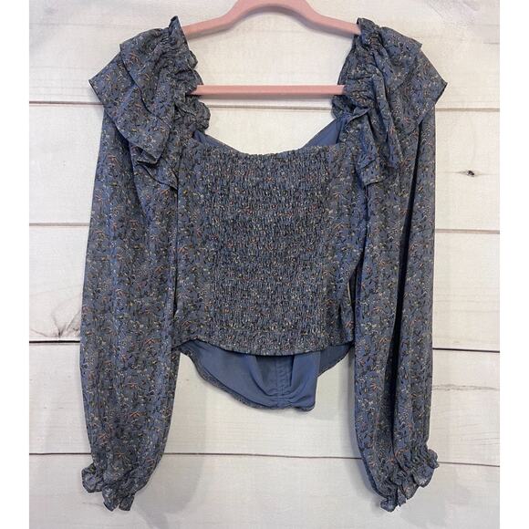 Astr The Label Top Blue Floral Ruffles Rouching Size SM - Picture 2 of 5